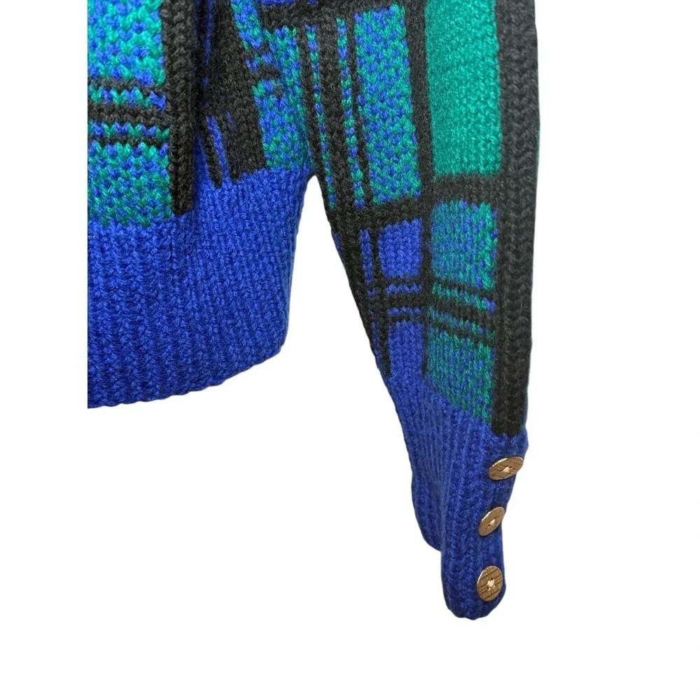 CARLISLE SPORT Plaid Wool Knit Sweater Jacket Blue Green Black Gold‎ Button M